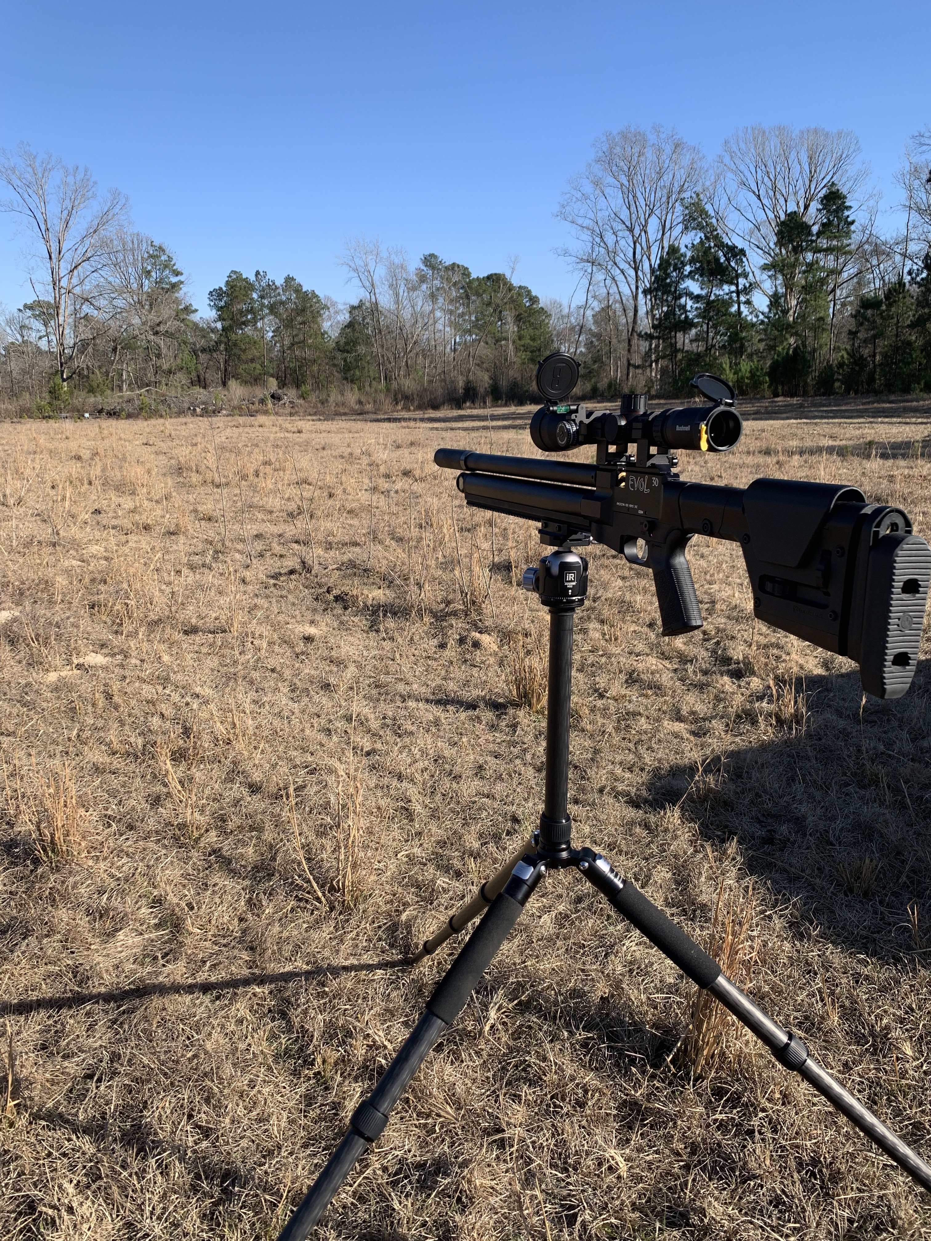 Evol .30 w:Bushnell Nitro 6-24x50mm SFP on Tripod 100 yd shoot.jpeg