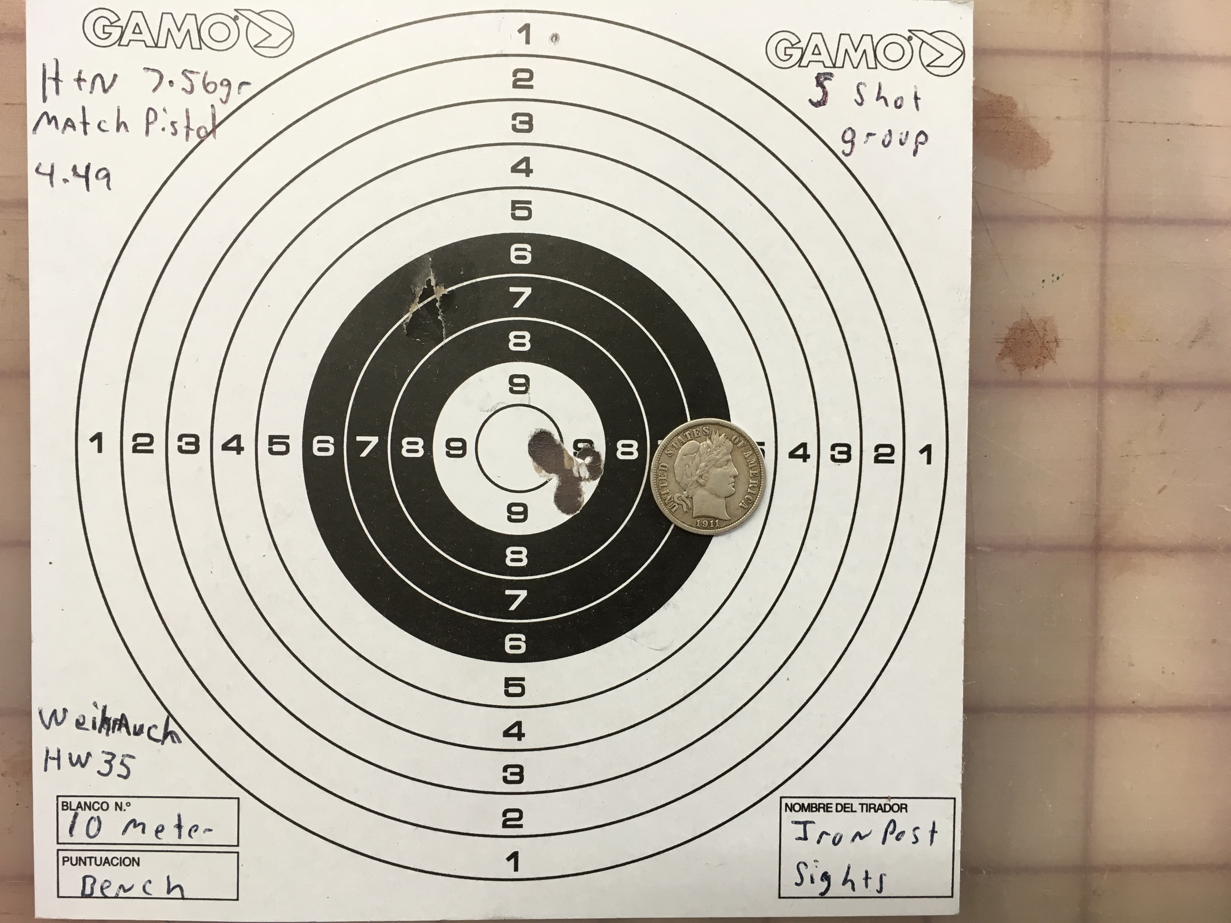Weihrauch HW35L accuracy HN Match Pistol 4.49 head size from Bench.JPG